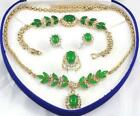 18K GP Yellow Gold Green Jade Link Crystal Necklace Bracelet Earrings Ring Set