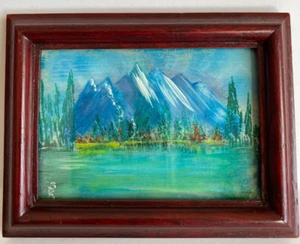 Dipinto vintage miniatura scena di montagna 1986 dipinto da SK Shirley Kratchoff - Foto 1 di 12