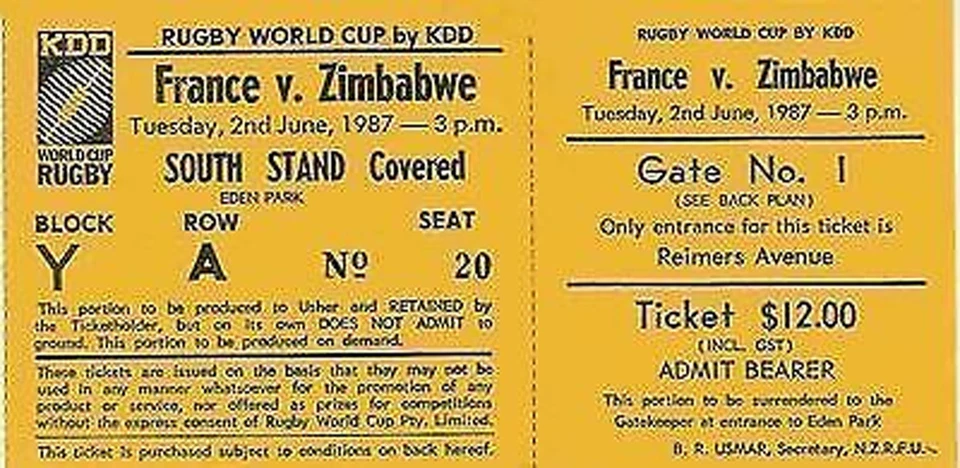 BILLET FRANCE v ZIMBABWE COUPE DU MONDE DE RUGBY 1987 en NOUVELLE ZELANDE - Photo 1/1