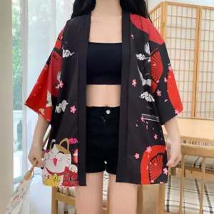 Women Girl Lucky Cat Japanese Kimono Jacket Retro Cardigan Coat Top Yukata Haori - Picture 1 of 14