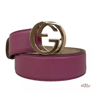 Authentic Gucci Pink Calfskin Leather Gold Interlocking G Buckle Belt 85/34 - Picture 1 of 13