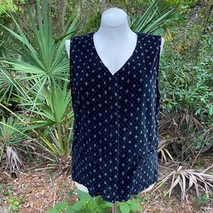 Vintage 90s Black Velvet Vest Boho Geometric Pattern Pockets Zipper DPS Size L - Picture 1 of 10