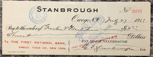 Antique Bank Check July 27, 1911 First National Bank Owego Tioga Co. New York NY - Picture 1 of 4