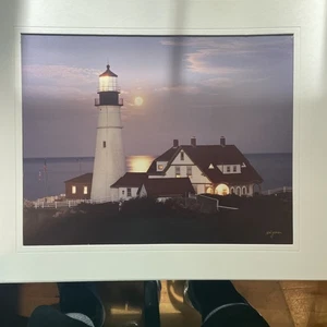 10x13 Foto Mond steigt über dem Portland Maine Scheinwerfer von H. Wyman mattiert - Bild 1 von 4
