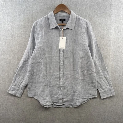 NOVA Camisa Feminina de Linho Marmelo Grande Listrada Azul Manga Longa Botão para Cima Resort - Imagem 1 de 4