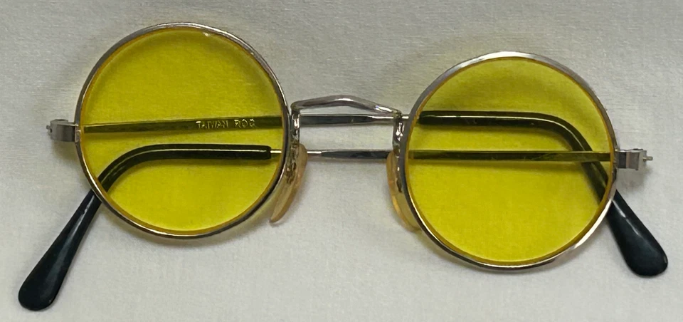 Óculos de lente vintage armação de metal redondo amarelo Taiwan ROC pequeno estilo retrô - Imagem 1 de 4