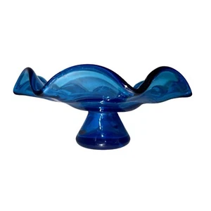 Vintage mundgeblasene Pfau blau geraffter Rand Podest Konsole Schale - Bild 1 von 12