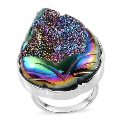 44.00ctw Sajen Silver Window Drusy Forest Ring Platinum Plated Sterling Size 6 - Image 1 of 4