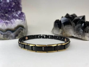 Nanoions: Men's Bracelet Black & Gold Thin With Tourmaline 8" - Picture 1 of 4