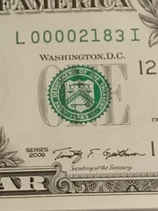 2009 $1LSan Francisco BEP L-I Block Low Serial Number 4 Zeros In Front W/Stuck 3 - Picture 1 of 8