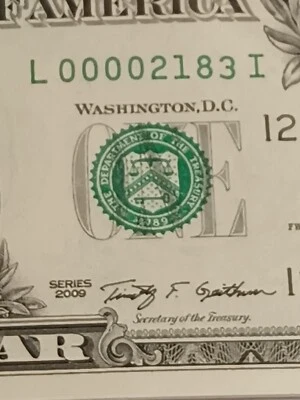 2009 $1LSan Francisco BEP L-I Block Low Serial Number 4 Zeros In Front W/Stuck 3 - Image 1 of 4