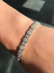 Platinum Sterling Silver Pave White Sapphire Hugs & Kisses Halo Tennis Bracelet - Picture 1 of 9