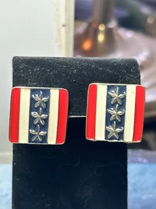 Vintage Gold Tone Red/White & Blue Enamel Patriotic Pierced Earrings - Picture 1 of 8