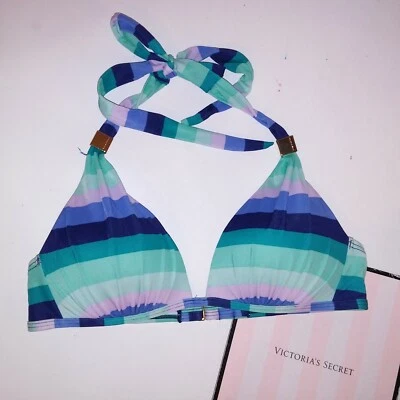 Top de bikini de natación Victoria Secret mediano halter azul a rayas forrado inalámbrico Foto 1 de 4