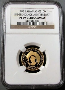1983 GOLD BAHAMAS 400 MINTED $100 NGC PROOF 69 ULTRA CAMEO 10th ANNIVERSARY - Picture 1 of 3