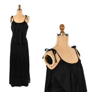 Vintage 70s Black Sleeveless Tie Long Sequin Slit Maxi Evening Disco Dress S - Picture 1 of 7