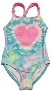 Cat & Jack XS 4/5 One Piece Bathing Suit Swimsuit Racerback Tie Dye Heart Center - Picture 1 of 4