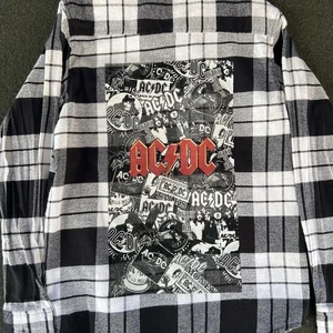 AC/DC Check Plaid Flannel Button Down Shirt Mens Medium Black White - Picture 1 of 11