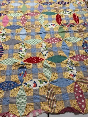 Vintage Handmade Hand Stitched Feed Sack Lovers Chain Quilt Top 60x69 #693 - Image 1 of 4