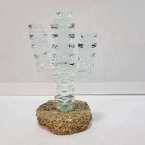 Estatuilla de cactus de vidrio apilado vintage sobre base de piedra verde pálido 3 brazos 5 1/2" - Imagen 1 de 10