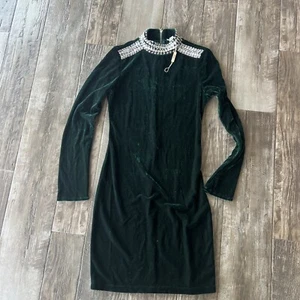 NEW ELIE TAHARI Size Xs Emerald Velour Long Sleeve Mini Dress BEADED - Picture 1 of 8