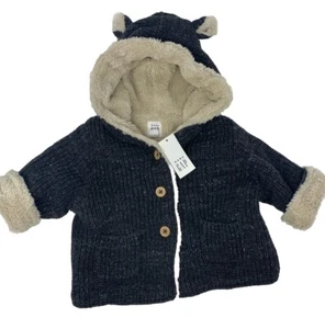 NWT Baby Gap Boys Girls 3-6 Months Gray Sherpa Lined Bear Hooded Sweater - Picture 1 of 9