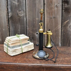 Antique Salvaged Brass Candlestick Telephone Repurposed Converted  Table Lamp - Picture 1 of 11
