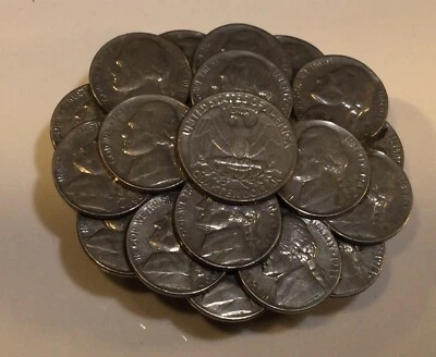 Vintage Hand Crafted 18 Nickels, 1 Quarter Coin Cluster Belt Buckle Copper Back - Image 1 of 3