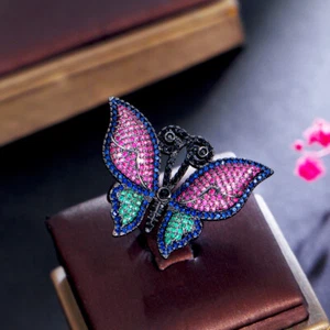 Top CZ Adjustable Big Butterfly Finger Ring Black Gold Plated Banquet Jewellery - Bild 1 von 12