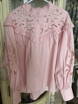 H&M Pink Eyelet Blouse SZ Large Long Sleeve Button Up Light Cotton NEW - Image 1 of 4