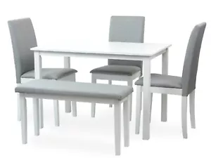 Dining Kitchen 5-pc Set Rectangular Table 3 Fallabella Chairs Bench, White Color - Picture 1 of 9