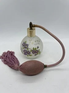 Vintage Satin Glass Perfume Bottle - Floral Decor W Atomizer Made In Austria - Picture 1 of 11