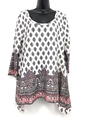 Suéter túnica BOHO CASI FAMOSO XL blanco negro rosa dobladillo asimétrico tejido Top Foto 1 de 4