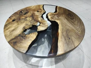 Natural Wood Epoxy Resin Live Edge Epoxy Coffee Table, Round Transparent Arts - Picture 1 of 13