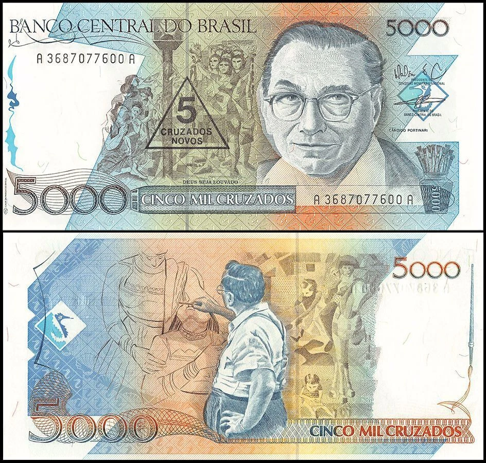 BRAZIL 5 CRUZADOS NOVOS ON 5,000 CRUZADOS 1989 UNC OVERPRINTED,CANDIDO TORQUATO - Image 1 of 1