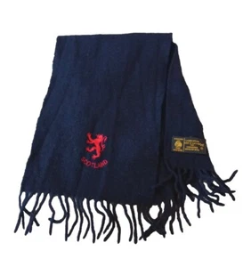VTG Edinburgh Woollen Mill Scotland Navy Blue Wool Fringed Scarf Logo Embroidery - Picture 1 of 4