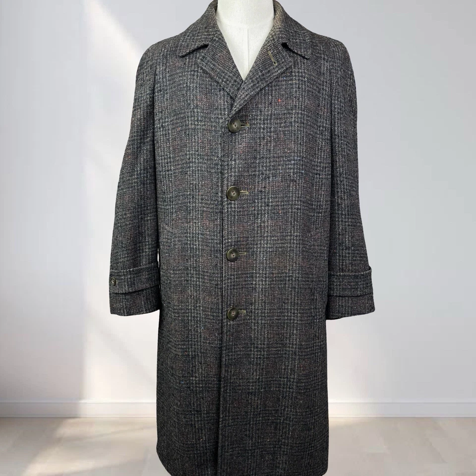 Vtg Dunbrook Tweed Overcoat 48R Men Houndstooth Plaid Donegal Flecked Wool USA - Image 1 of 4