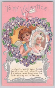 Cupid Series Embossed Valentine Girl Mirror Violets Flowers c.1910s - Picture 1 of 3