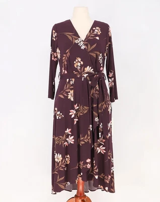 NWT CALVIN KLEIN $129 Faux Wrap Floral Midi Dress V-Neck Belt Purple Size 12 - Image 1 of 4