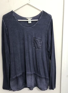 Sundance Distressed Acid womens XL cotton viscose long-sleeve tee blue pocket - Picture 1 of 8