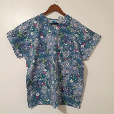MHD Scrubs Floral Print Scrub Top Size XL 18W Cotton Blend Pockets - Image 1 of 4