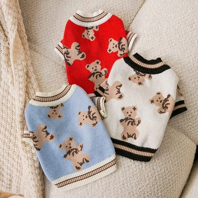 Bear Pattern Pet Striped Dog Cardigan Puppy Kitten Dog Warm Coat Comfortable - Image 1 of 4