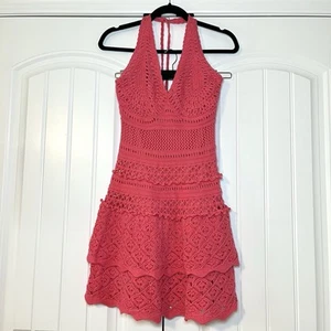 Crochet Y2K Festival Bright Pink Halter Mini Dress Size XS Boho Vintage - Picture 1 of 8