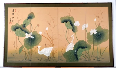 Byobu Taiwanés "Garcetas Asiáticas Blancas Grandes Hojas Verdes" Pantalla Plegable 4Paneles En muy buena condición Foto 1 de 4