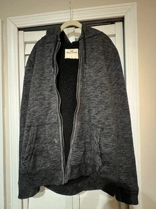 Hollister Jacket Hoodie Mens Large Gray Sherpa Fleece Lined Full Zip Sweatshirt - Picture 1 of 8