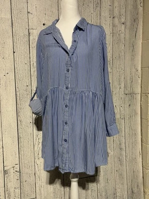 Camisa de vestir solitario para mujer rayas azules botones delanteros talla 1X mangas enrollables  Foto 1 de 4