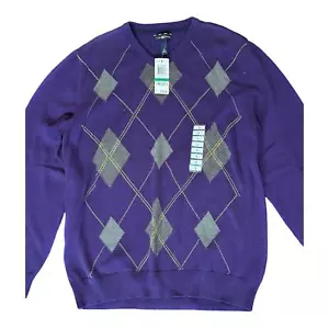 MACY’S CLUB ROOM MEN’S ARGYLE V-NECK PREPPY PURPLE 100% COTTON SWEATER SIZE L - Picture 1 of 7