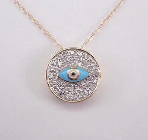Yellow Gold Diamond Evil Eye Necklace Circle Charm Pendant Choker Chain - Picture 1 of 5