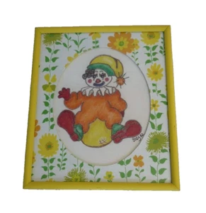 Original Pencil Sketch Colored Pencil Child Clown Sitting on Ball Picture Signed - Picture 1 of 9