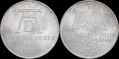 1971 Germany 5 Mark - Albrecht Dürer - KM# 129 - Image 1 of 3